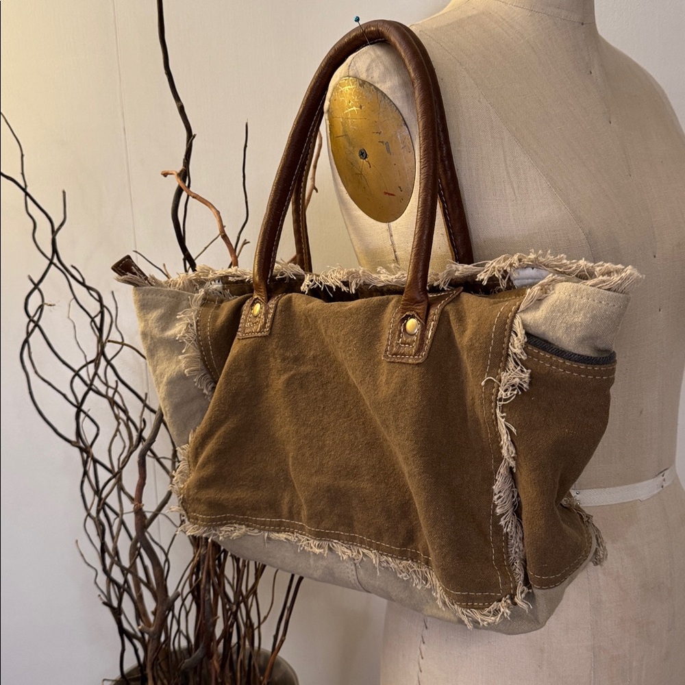 Myra Bag Rustic Brown and Tan Canvas Shoulder Bag - Picture 2 of 4